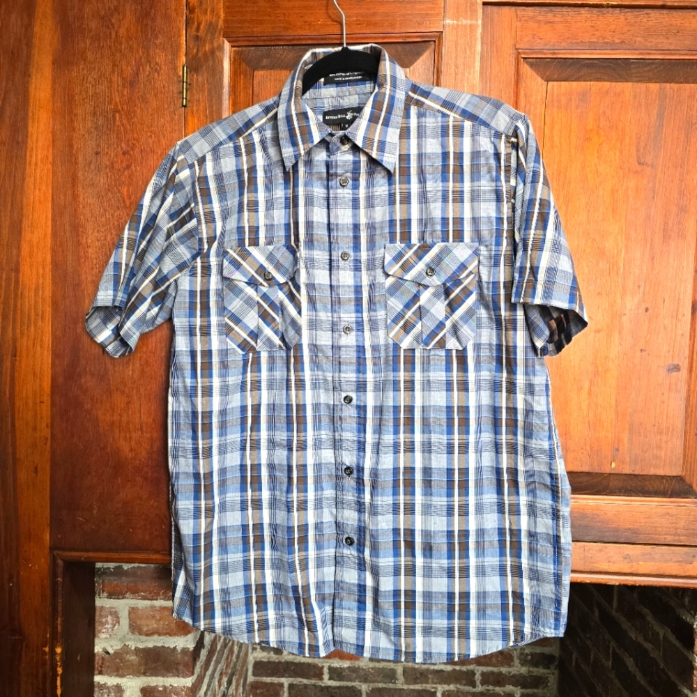 Beverly Hills Polo Club Blue Brown White Plaid Shirt - Medium